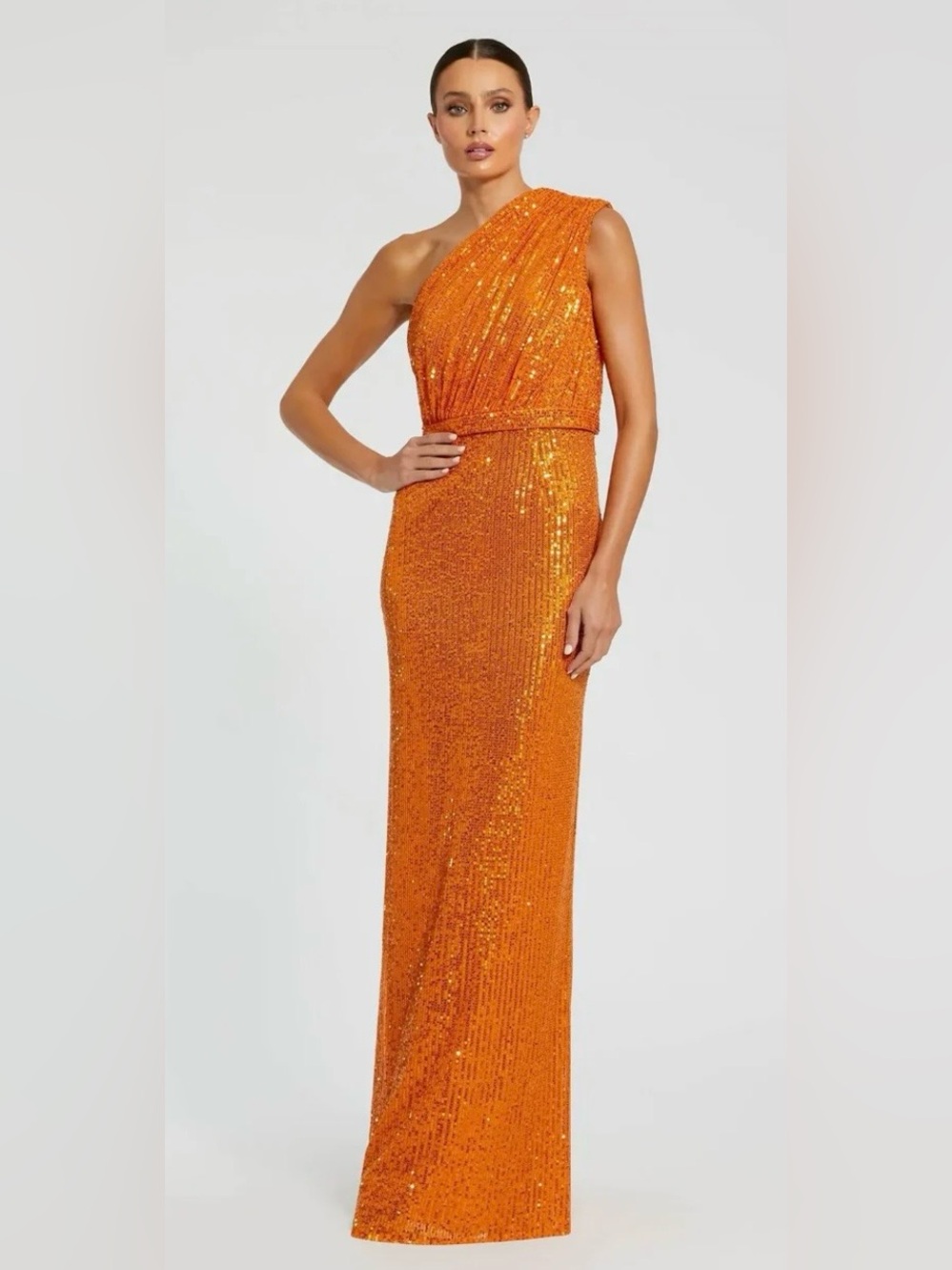 Mac Duggal 26694 NWT Orange Sequined Ruched One Shoulder Gown